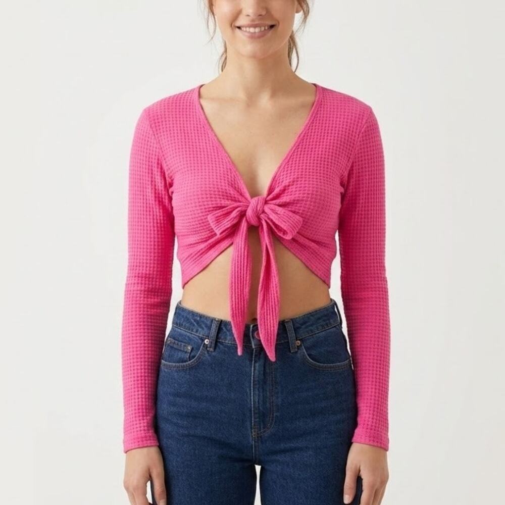 Zilch Wrap Cardigan Knit Long Sleeve V-Neck Tie Front Cropped Pink Womens Size L